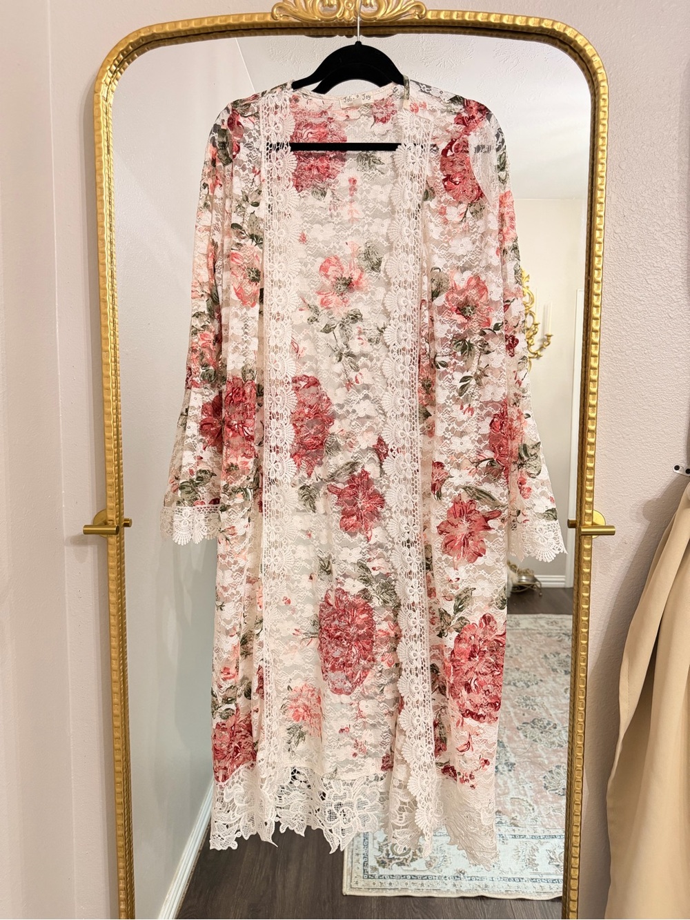 Floral Lace Kimono Duster - White with Pink Rose Print